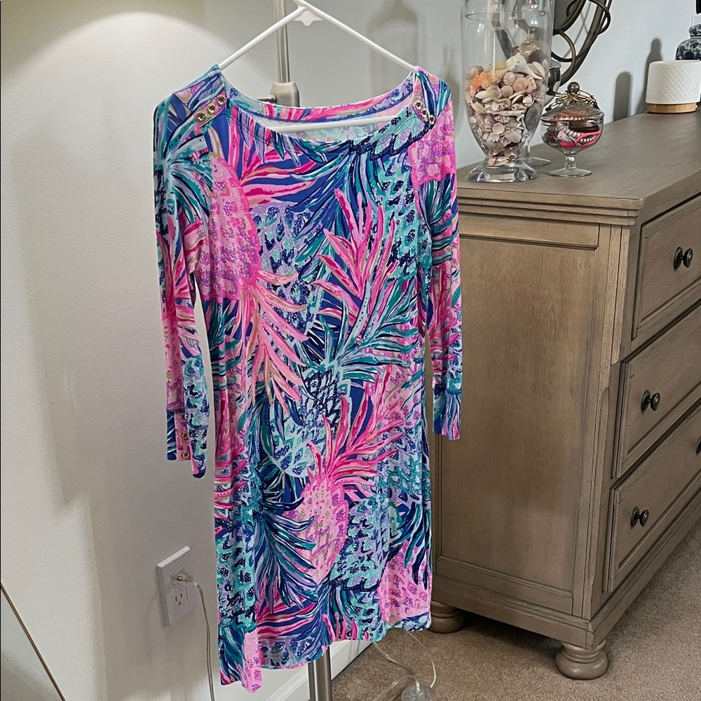 Lilly Pulitzer Pink and Blue Leaf Print Long Sleeve Dress